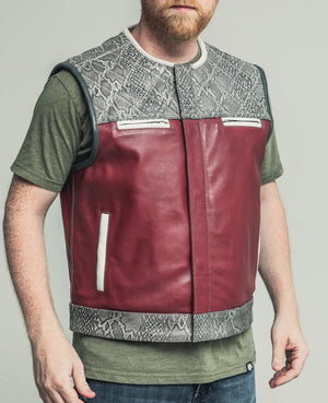 Men's Maroon Leather & Gray Python Skin Print Vest β Street Style Sleeveless Outerwear - LEATHER CHAPTER