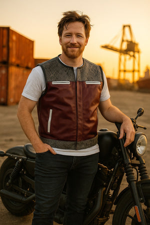 Men's Maroon Leather & Gray Python Skin Print Vest β Street Style Sleeveless Outerwear - LEATHER CHAPTER