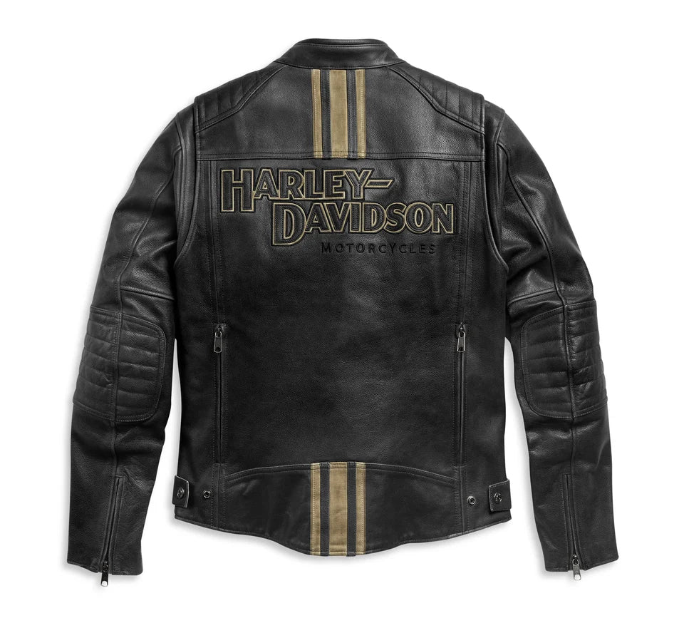 Harley-Davidson Men's Black Leather Cafe Racer Jacket - Gold Stripes & Quilted Accents