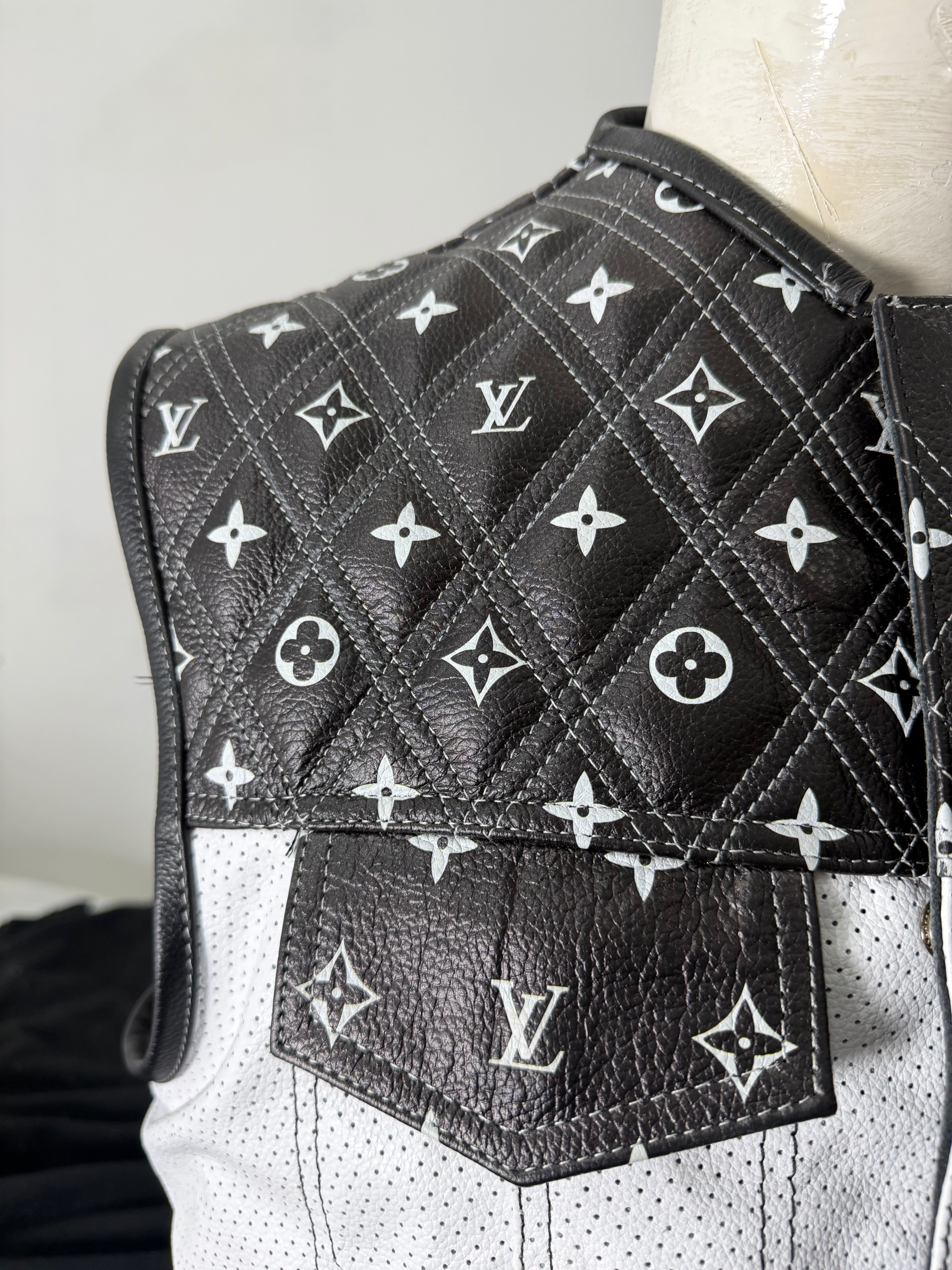 Premium Mens Black & White perforated Leather Biker Vest