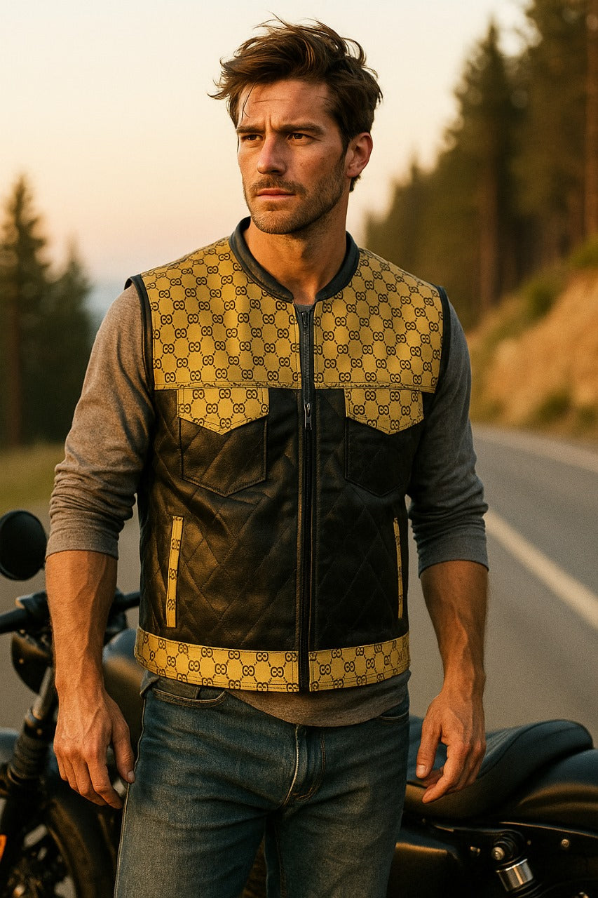 Men’s Luxury G*cci Leather Biker Vest Designer Pattern & Quilted Finish - LEATHER CHAPTER