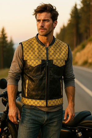 Men’s Luxury G*cci Leather Biker Vest Designer Pattern & Quilted Finish - LEATHER CHAPTER