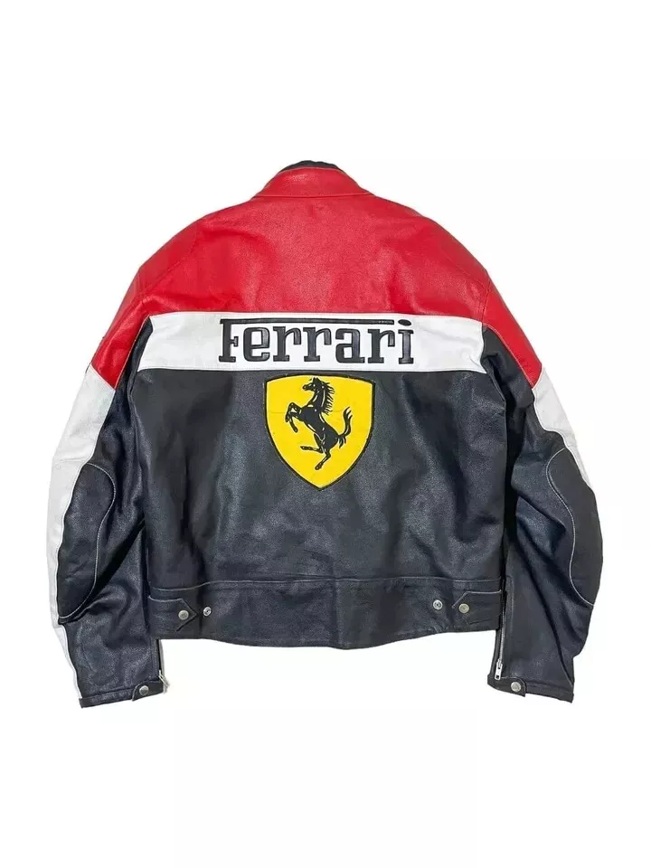 Ferrari Racing Red, Black & White Leather Biker Jacket