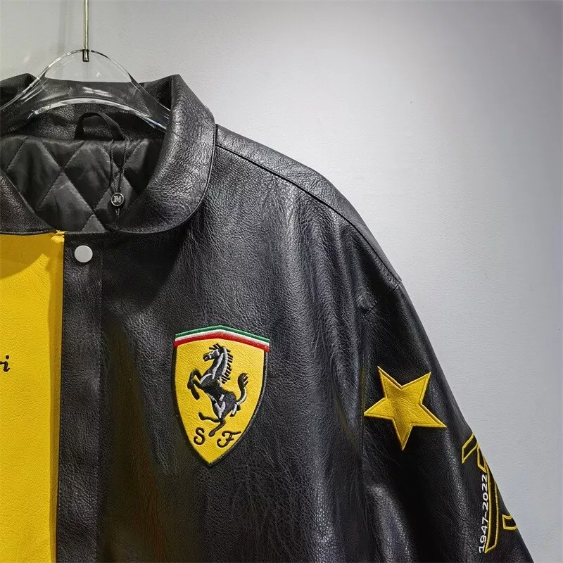 Real Cowhide Ferrari Bomber Jacket - Half Yellow/Black Star Design for Racing & Streetwear