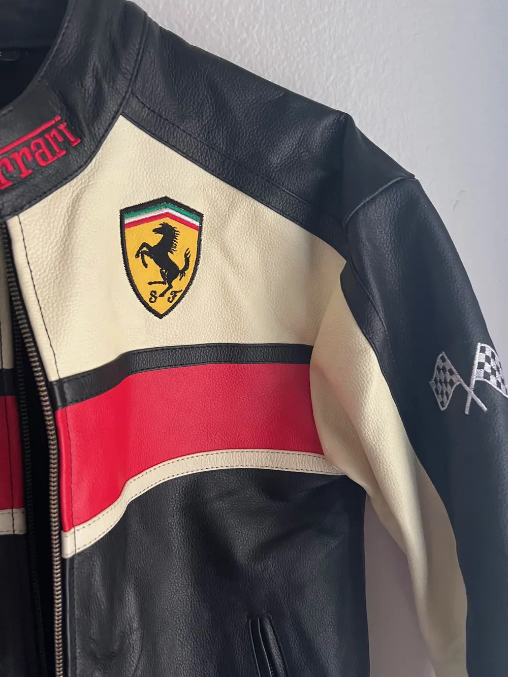 Premium Leather Ferrari F1 Racing Jacket in Black, Cream & Red - Vodafone & Shell Sponsors