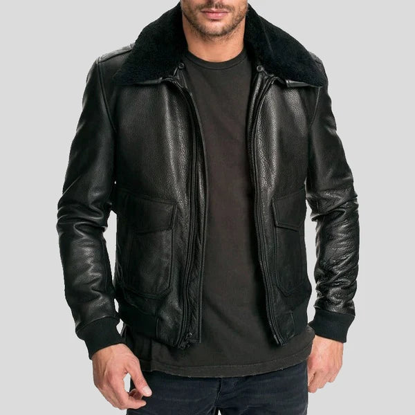 Mens Black Air Force Leather Bomber Jacket Fur Collar