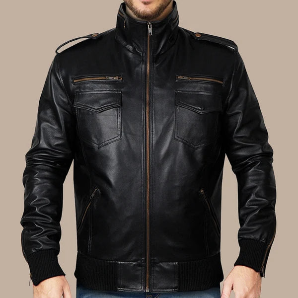 Men's Black Classic Pure Leather Bomber Jacket