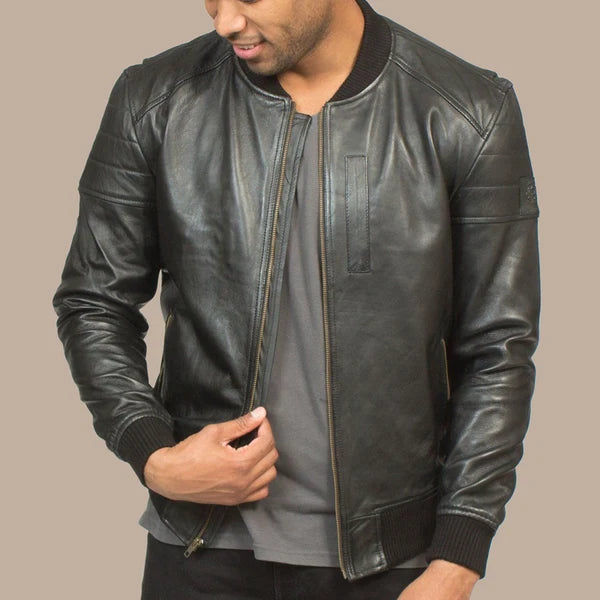 Men's Black Lambskin Leather Stylish Bomber Jacket