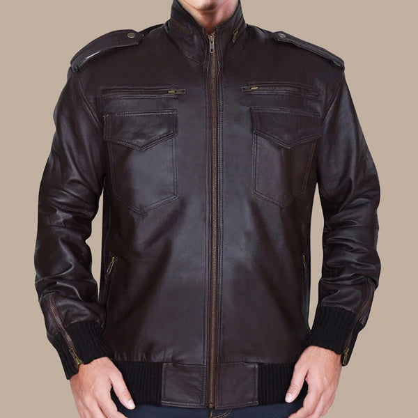 Men’s Dapper Brownish Leather Bomber Jacket