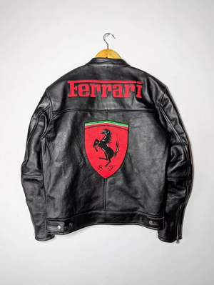 Back view of Ferrari Michael Schumacher leather jacket with large red Ferrari prancing horse logo.