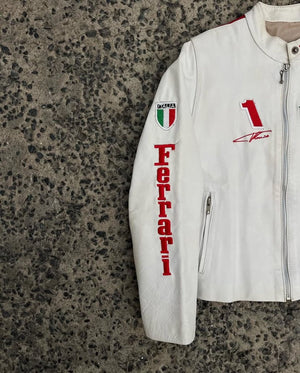 White jacket with Ferrari branding on a textured surface