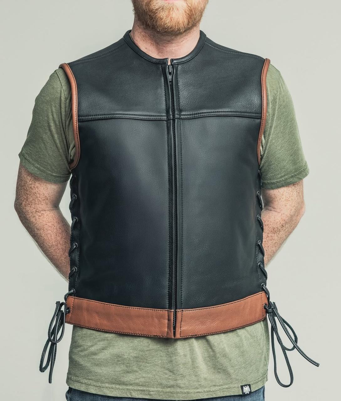 Men's Black Leather Biker Vest with Brown Trim – Zipper Front & Side Laces - LEATHER CHAPTER