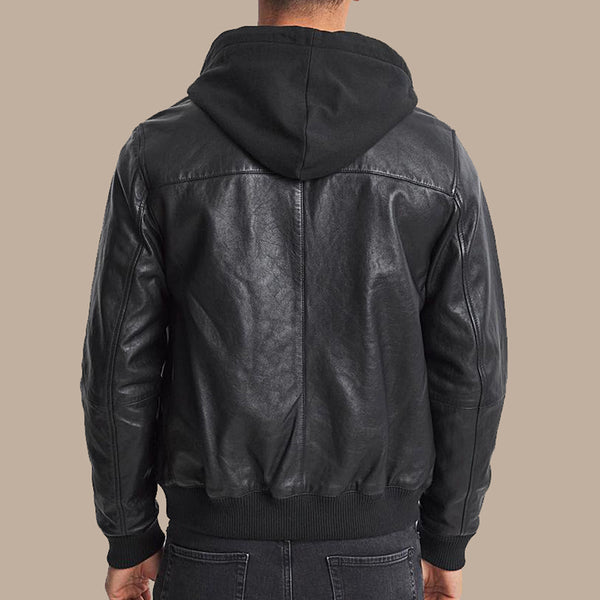 Mens Black Leather Hooded Bomber Jacket