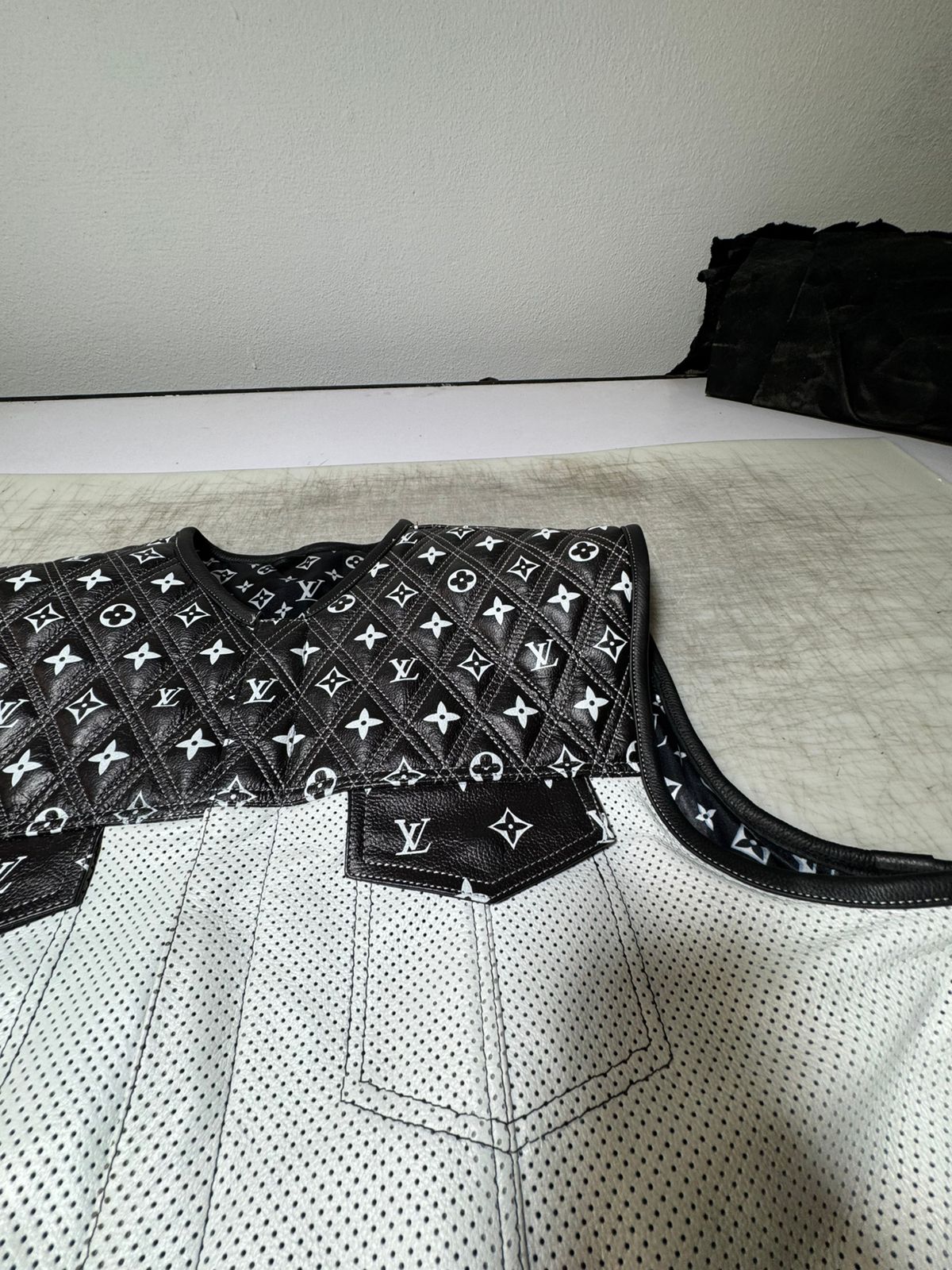 Lo*uis Vuit**n Premium Branded Black and White perforated leather Biker Vest - LEATHER CHAPTER