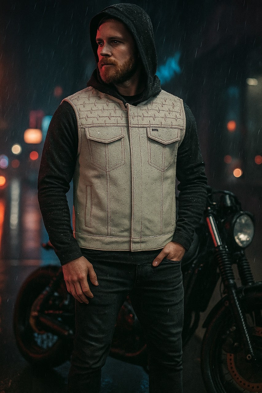 Men’s White Leather Vest with Red Stitching – Heartbeat Embroidered Biker Style Vest - LEATHER CHAPTER