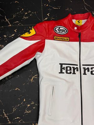 Back view of Ferrari leather racing jacket in red and white with embroidered logos