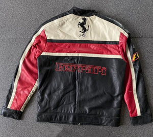 Back view of Ferrari F1 inspired leather jacket in black, red, and cream