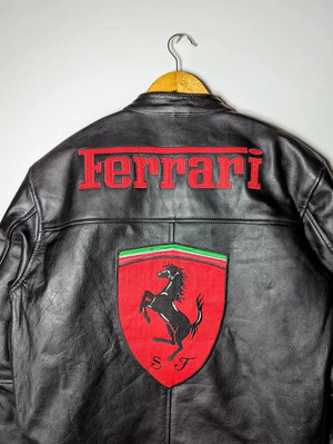 Back view of Ferrari Michael Schumacher leather jacket with large red Ferrari prancing horse logo.