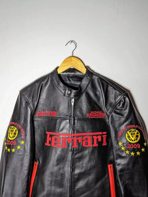 Near Front view of Ferrari Michael Schumacher racing jacket in genuine leather with embroidered Ferrari logos