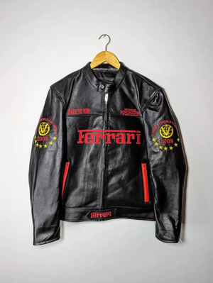 Front view of Ferrari Michael Schumacher racing jacket in genuine leather with embroidered Ferrari logos