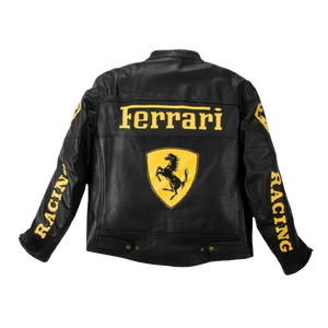 Back view of the black leather Ferrari Racing jacket showing the large yellow Ferrari text and Scuderia prancing horse shield.