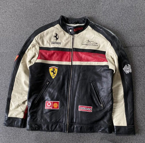 Ferrari racing leather jacket front view with Michael Schumacher F1 design