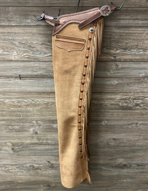 Handmade Cowboy Buck Skin Suede Leather Pant - Rodeo Chap Mountain Men Western Beige Suede Chap , Gifts for Men , Gifts For Women - LEATHER CHAPTER