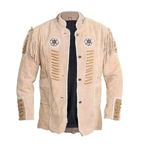 Men's native American Handmade Suede Leather Jacket Western Jacket With Fringes Eagle Beige Mountain Buckskin Leather Jacket Coat - LEATHER CHAPTER