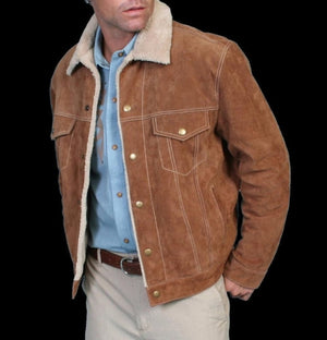 Men Traditional Western Jacket Men Western Fur Jean Jacket - Aztec Trim Suede Jacket - Brown Rode Countryside Fashion Jacket , Gifts For Him - LEATHER CHAPTER