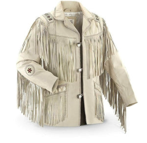 Men's Traditional Western Cowboy Leather Jacket Coat With Fringes And Beads - White Leather Jacket Vintage Apparel Handcrafted Jacket - LEATHER CHAPTER
