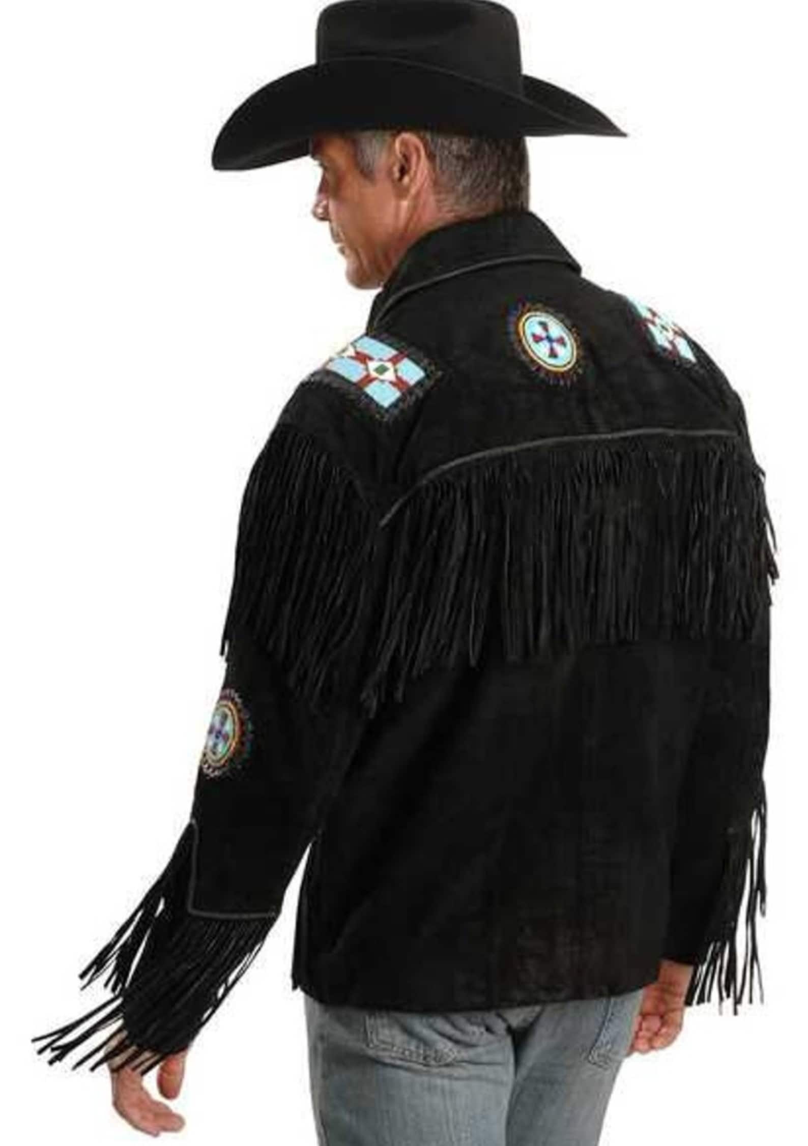 Black Suede Handmade Braided Beads Crafted Men's Western Jacket - Black Leather Men Jacket Cowboy Leather Jacket , Gifts For Men - LEATHER CHAPTER