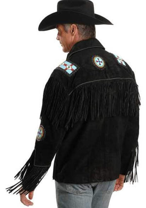Black Suede Handmade Braided Beads Crafted Men's Western Jacket - Black Leather Men Jacket Cowboy Leather Jacket , Gifts For Men - LEATHER CHAPTER