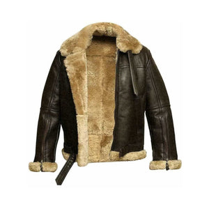 Men's New Real Leather Aviator Bomber Jacket RAF Aviator Genuine Leather Shearling Handmade Flight Fur Brown & Gray Bomber Jacket - LEATHER CHAPTER