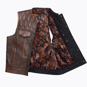 Mens leather vest with brown wax leather biker vest. Motorcycle leather vest Brown Quilted biker vest, Vintage leather premium class - LEATHER CHAPTER