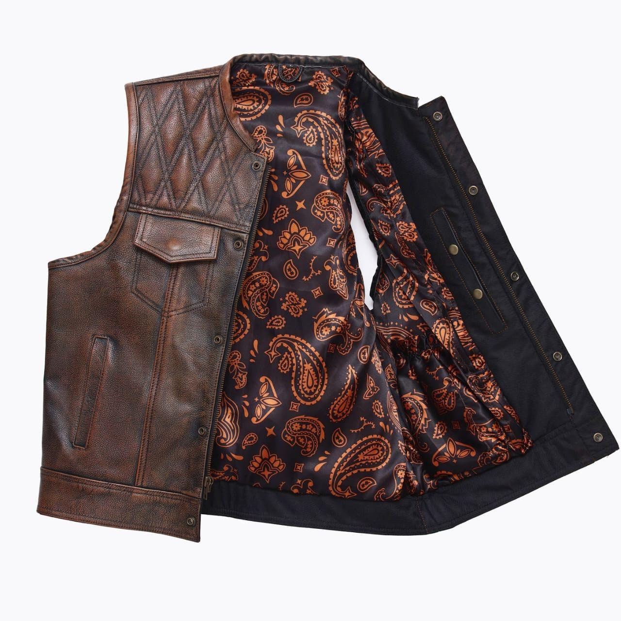 Mens leather vest with brown wax leather biker vest. Motorcycle leather vest Brown Quilted biker vest, Vintage leather premium class - LEATHER CHAPTER