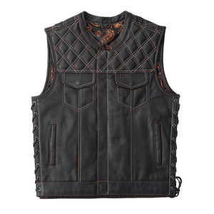 Leather Diamond Quilted Jack Builder Hunt Club Contrast Stitched Biker Vest - LEATHER CHAPTER