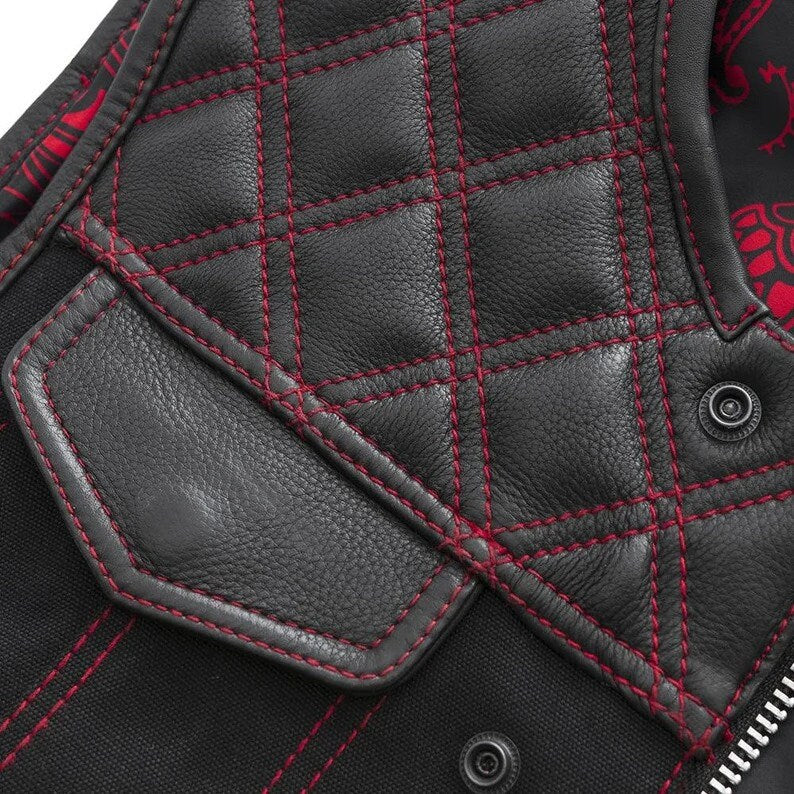 Men's Stinger Biker Vest Or Hunt Club Leather Builder Diamond Quilted Motorcycle Vest Black & Red - LEATHER CHAPTER