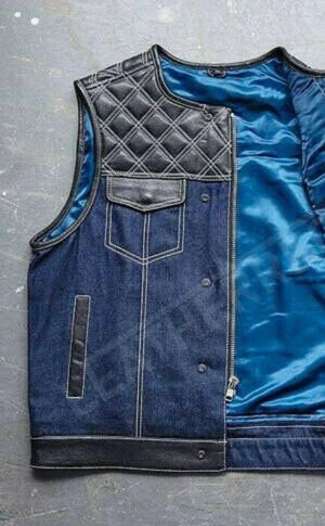 Men's Gothic Leather Denim Builder Diamond Quilted Motorcycle Biker Vest - LEATHER CHAPTER