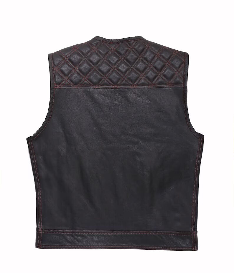 F1 Red Bandana, Hunt Club Leather Builder Diamond Quilted Custom Biker Vest, Motorcycle Leather Vest - LEATHER CHAPTER
