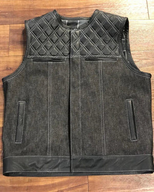 Leather Vest Black Leather Black Denim Diamond Quilted Biker Vest Motorcycle Vest Men's Vest Hunt Club Heavy Duity Waistcoat - LEATHER CHAPTER