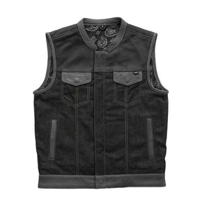 Leather Vest ,Mens Hunt Club Black Red Paisley Leather Build Denim Style Ride Motorcycle Vest - LEATHER CHAPTER