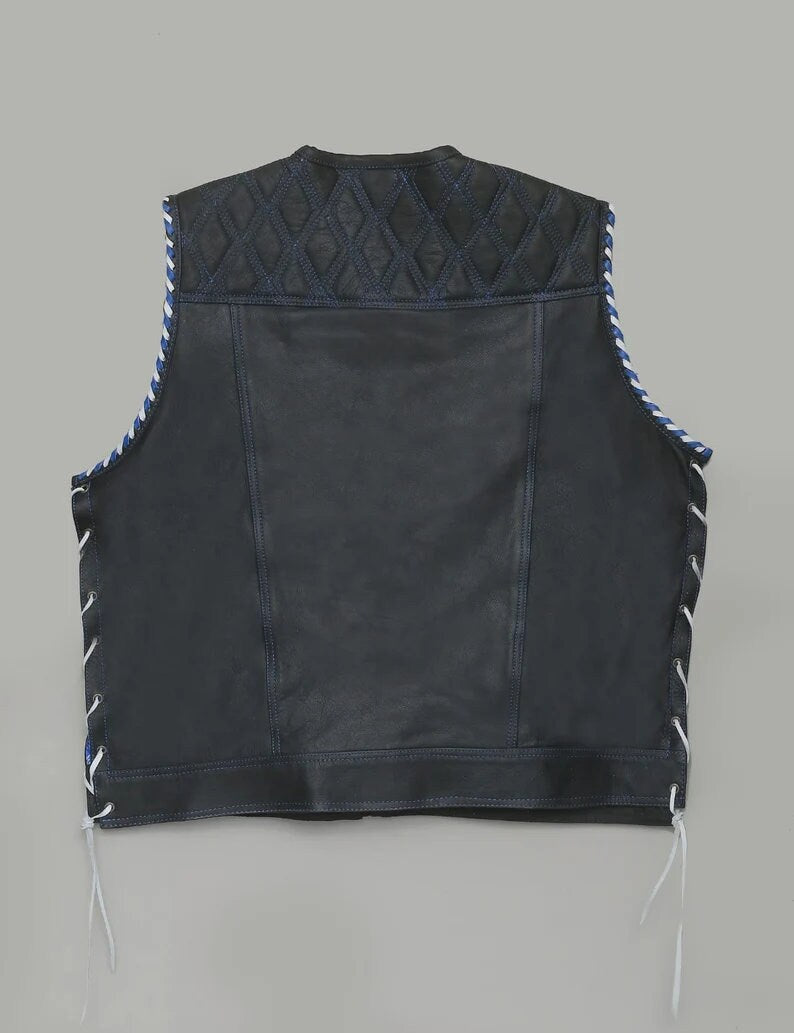 Hand Made Electric Blue Paisley Diamond Quilted Leather Side Lases Biker Rider Motorcycle Vest Men MC - LEATHER CHAPTER