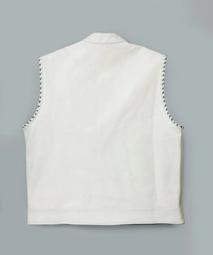 Hand Made White Hampton Leather Biker Club MC Green Paisley Arms Braided Motorcycle Rider Men's Vest - LEATHER CHAPTER
