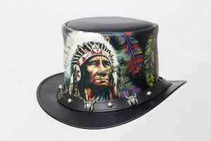 Red Indian Feather Head Native American Snaps Band Leather Western Top Hat Chief - LEATHER CHAPTER