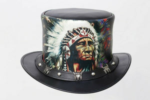 Red Indian Feather Head Native American Snaps Band Leather Western Top Hat Chief - LEATHER CHAPTER