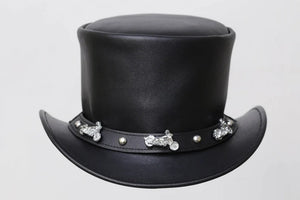 Black Leather New Motorcycle Stutt Band Rider Chopper Top Hat Cruiser Biker - LEATHER CHAPTER