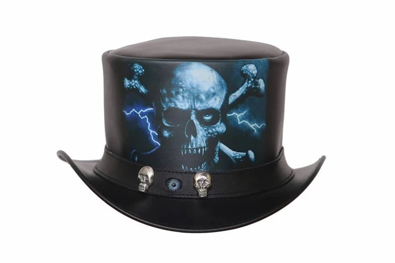 Top Hat Evil Eye Skull Leather Top Hat ,Steampunk Top Hat,Gothic Top hat Biker,Custom Leather Hat - LEATHER CHAPTER