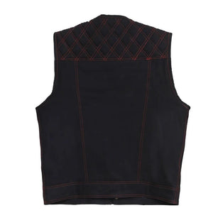 Black Denim Vest Leather vest Red Stich Leather Motorcycle Diamond Quilted Men's Leather Vest Biker Rider Club - LEATHER CHAPTER