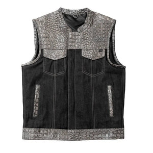 Leather Vest, Crocodile Plated Leather Grey Wax Motorcycle Men's Vest Denim Vest Black Vest - LEATHER CHAPTER