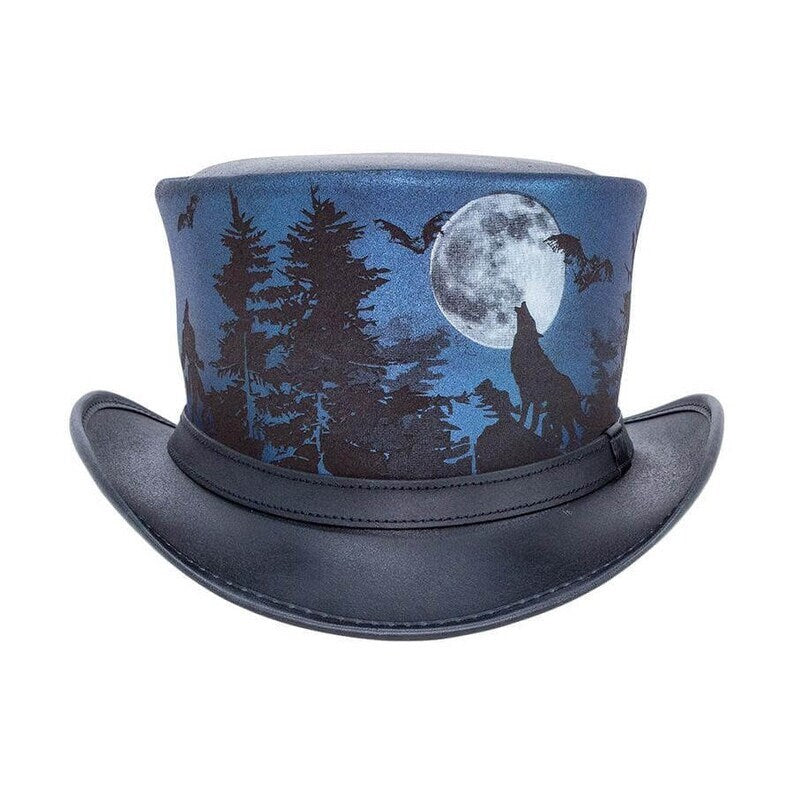 Halloween Wolf Night Steampunk Black Leather Top hat Biker Motorcycle Rider Gothic Hat - LEATHER CHAPTER